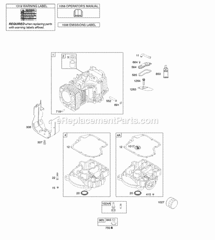 Cylinder Engine Sump OperatorS Manual Warning Label Diagram and Parts List for  Briggs and Stratton Engine